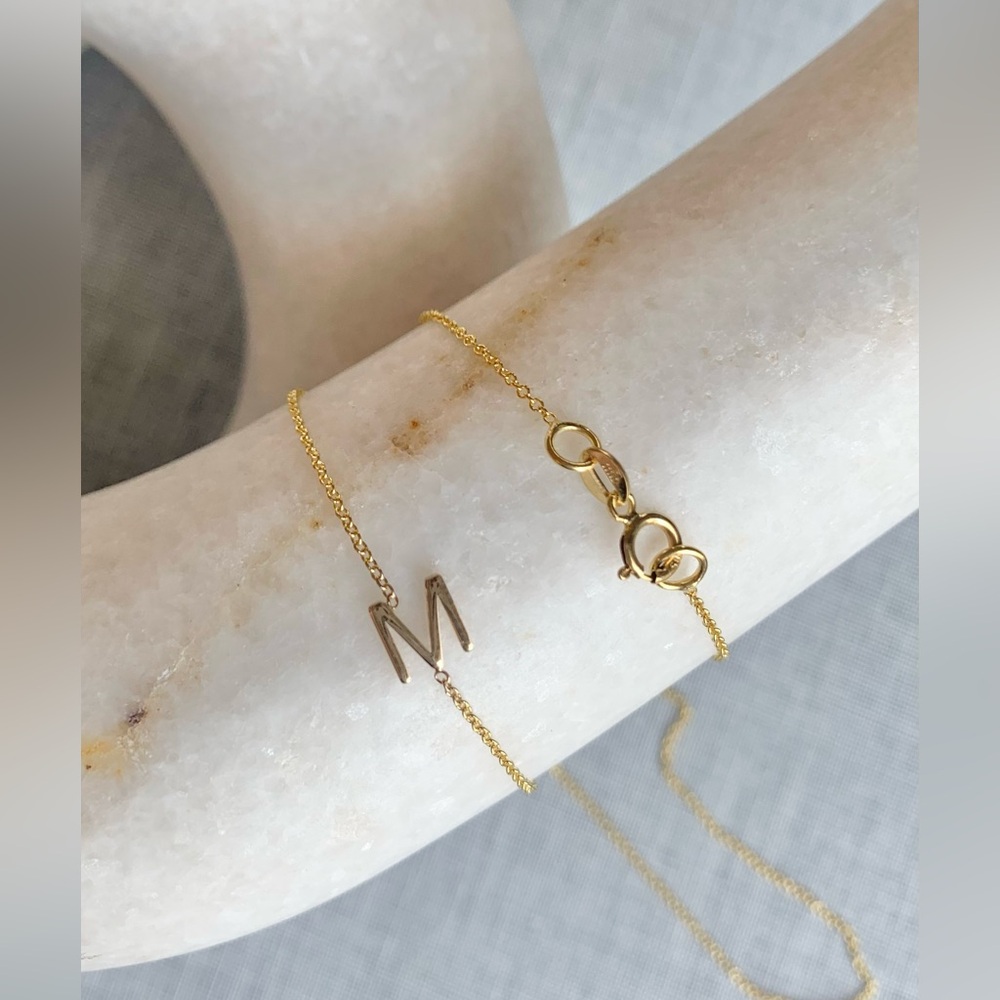 14k solid gold MAYA BRENNER ASYMMETRICAL INITIAL NECKLACE by Mark & Graham, “M” - Picture 2 of 6
